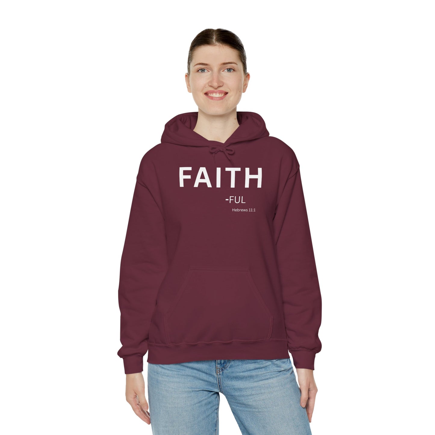 FAITH-ful Hoodie White Text — Minimal Christian Faith Pullover, Hebrews 11:1