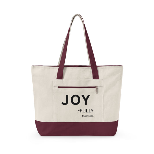 Joy-Fully Canvas Tote Bag — Inspirational Psalm 16:11 Zippered Shopper