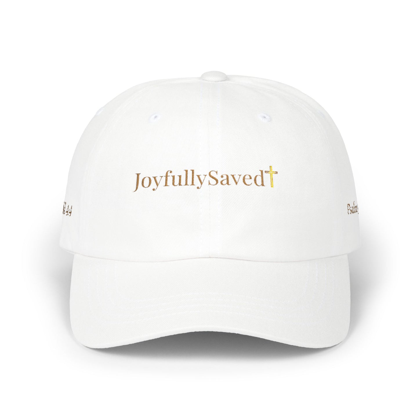 Classic "Dad" Cap, Cross logo with verses — Embroidered Christian Baseball Hat, Gold text