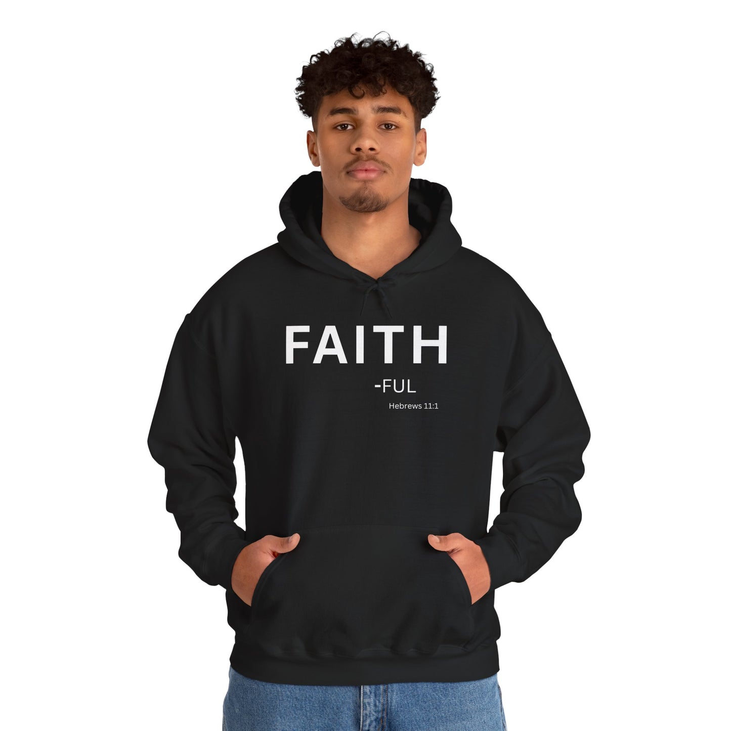 FAITH-ful Hoodie White Text — Minimal Christian Faith Pullover, Hebrews 11:1