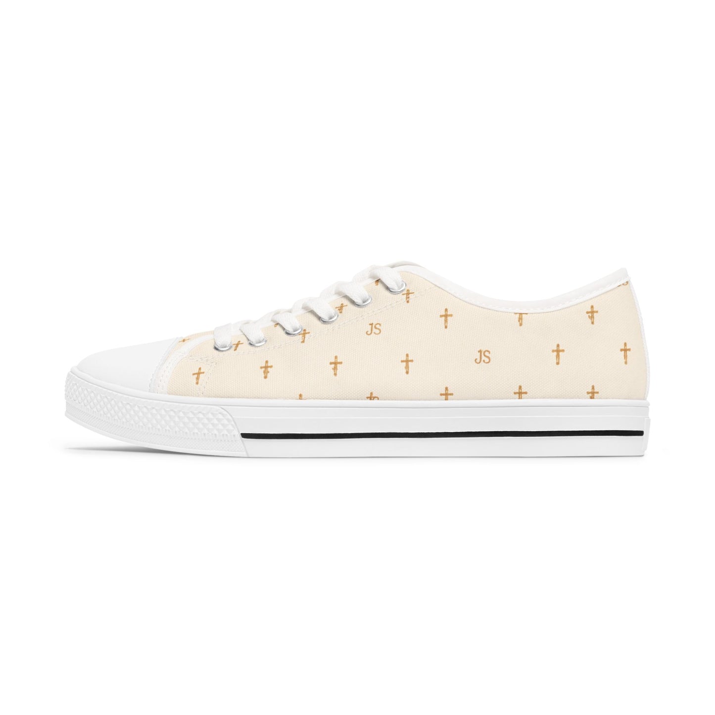 Joyfully Saved Cross Pattern Women's Low Top Sneakers — CREME, 'Wear Your Faith'