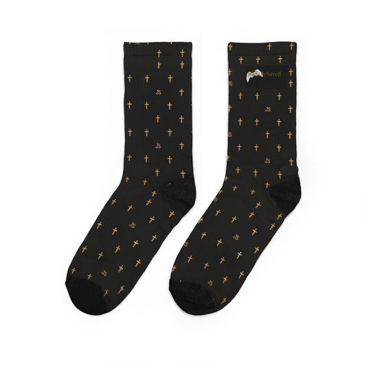Black 'Joyfully Saved' Cross Pattern Crew Socks — Christian Faith Novelty Socks