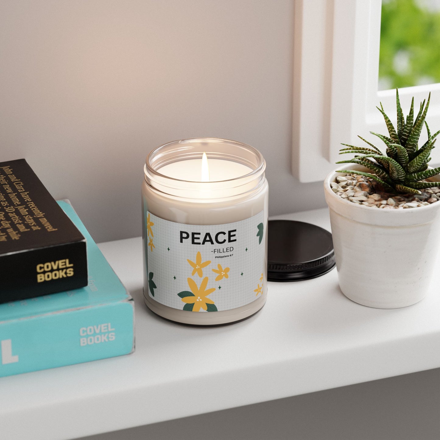 Peace-filled Soy Candle — 9oz Scented Jar with Floral Design (Philippians 4:7)