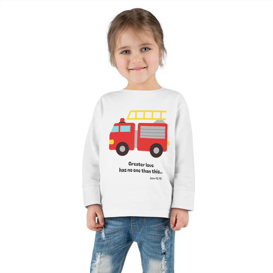 Christian Toddler Long Sleeve Tee — Fire Truck Kids Shirt (John 15:13)