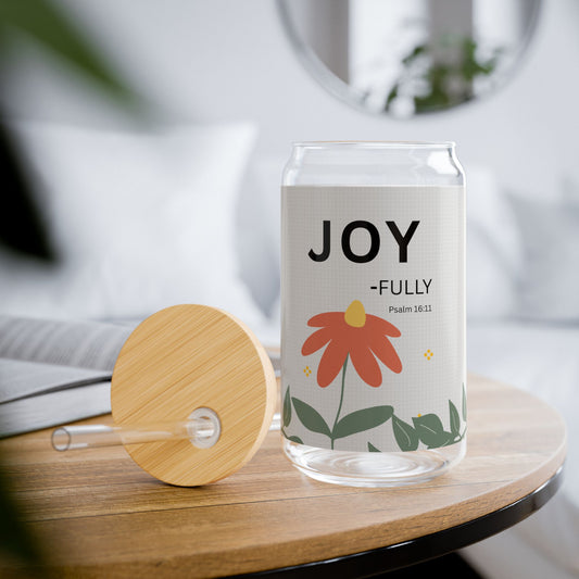 JOY-fully Glass Can (16oz) — Psalm 16:11 Floral Straw Tumbler | Christian Gift