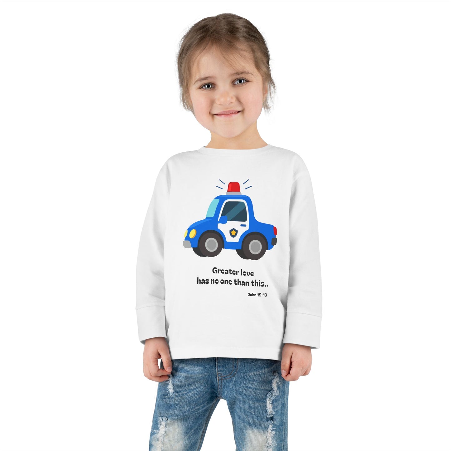 Christian Toddler Long Sleeve Tee — Police Car Kids Shirt (John 15:13)