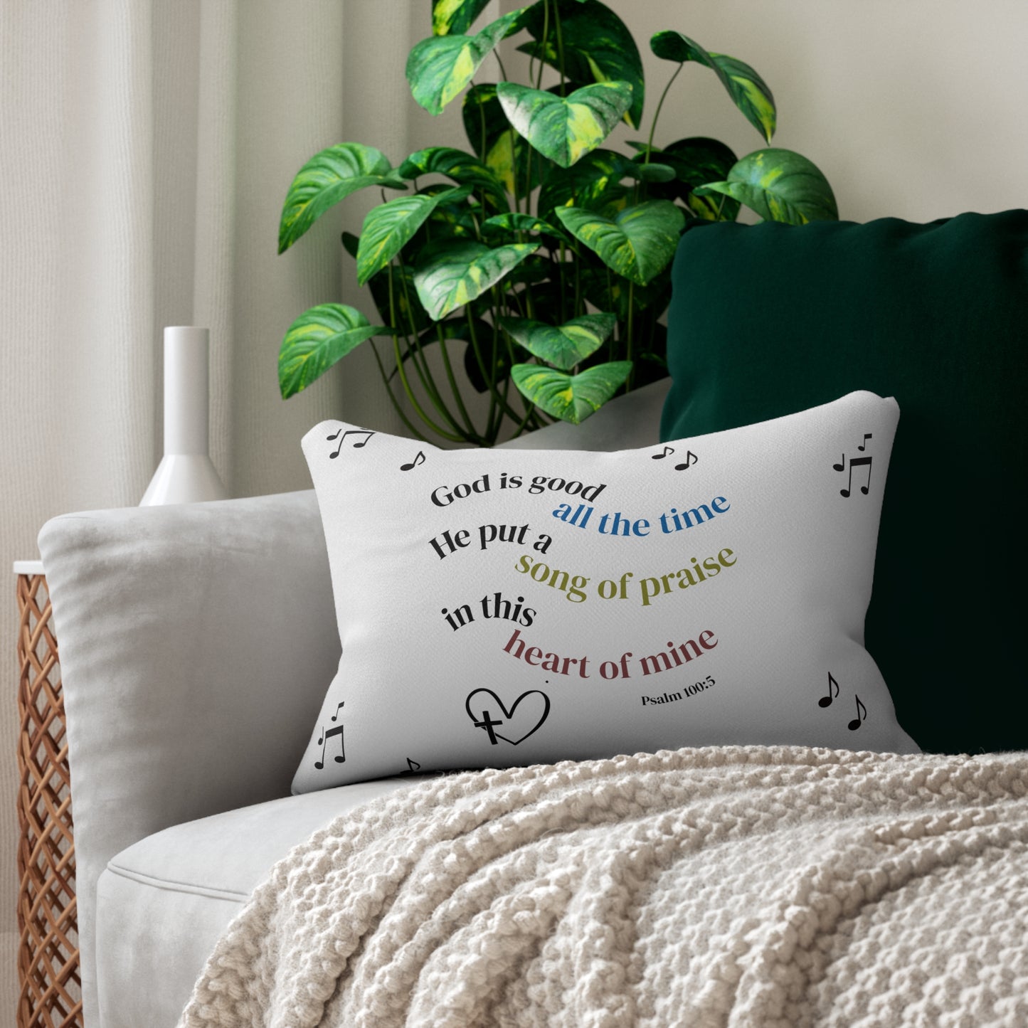 Music Note Lumbar Pillow — Decorative White Polyester Accent Pillow (Psalm 100:5)