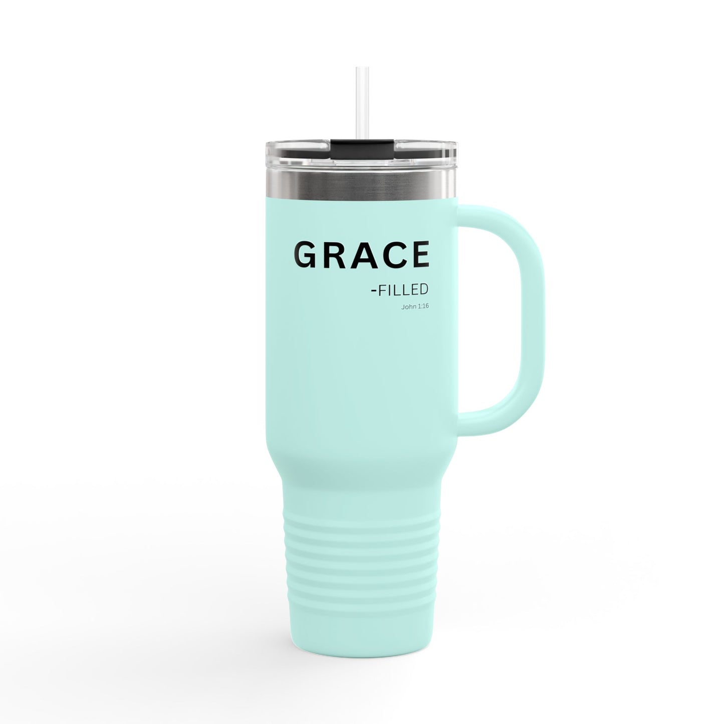 GRACE-filled Insulated 40oz Travel Mug —Christian Faith Declaration John 1:16 - white text