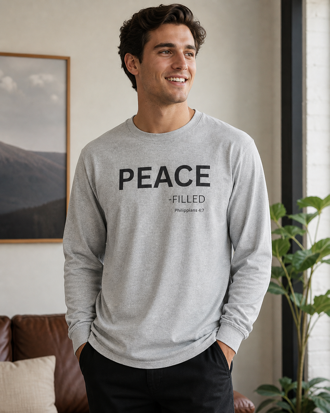 Peace-Filled Long Sleeve Tee – Christian Shirt (Philippians 4:7)