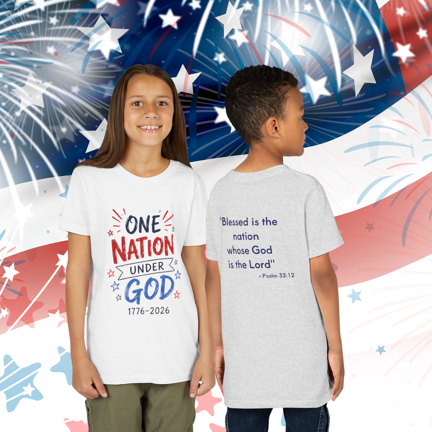 Youth Tee — Patriotic USA 250th Anniversary | "Blessed is the nation" (Psalm 33:12)