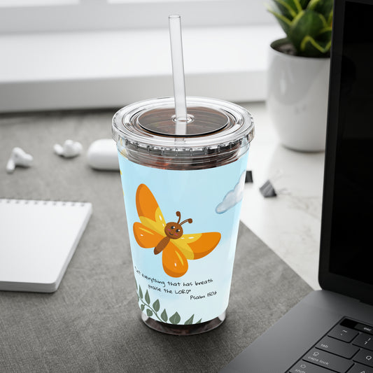 Butterfly & Sun 16oz Tumbler with Straw — 'Let everything that has breath' Psalm 150:6