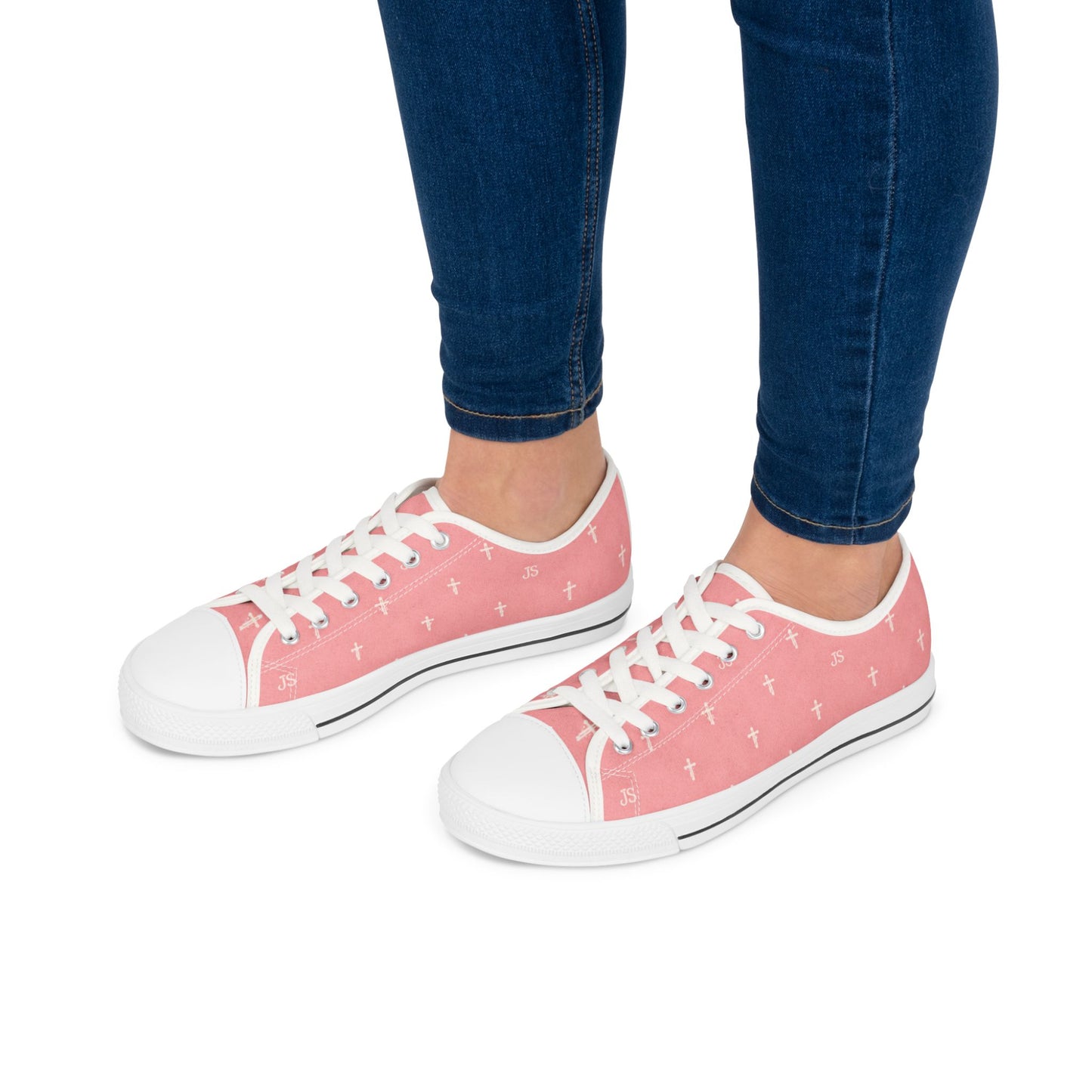 Joyfully Saved Cross Pattern Women's Low Top Sneakers — Pink, 'Wear Your Faith'