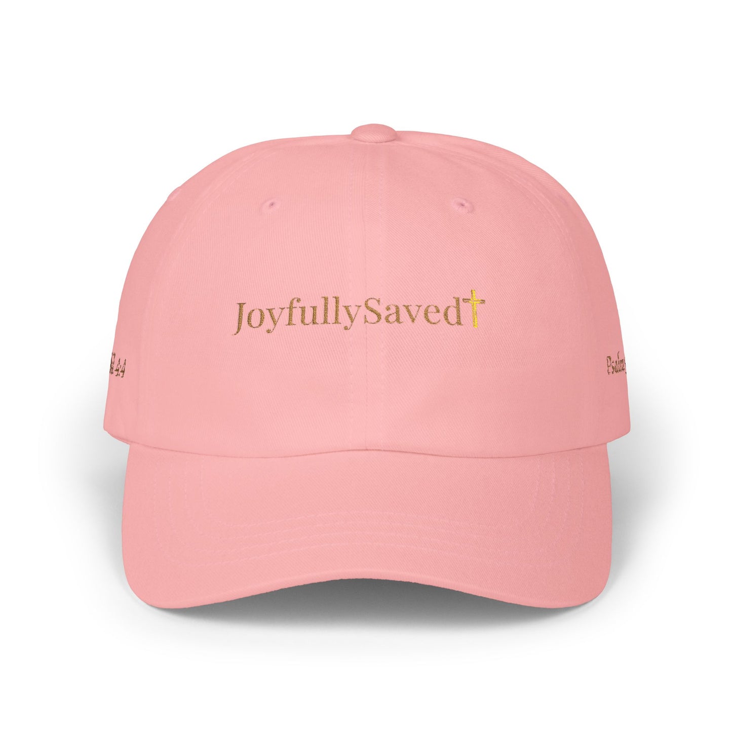 Classic "Dad" Cap, Cross logo with verses — Embroidered Christian Baseball Hat, Gold text