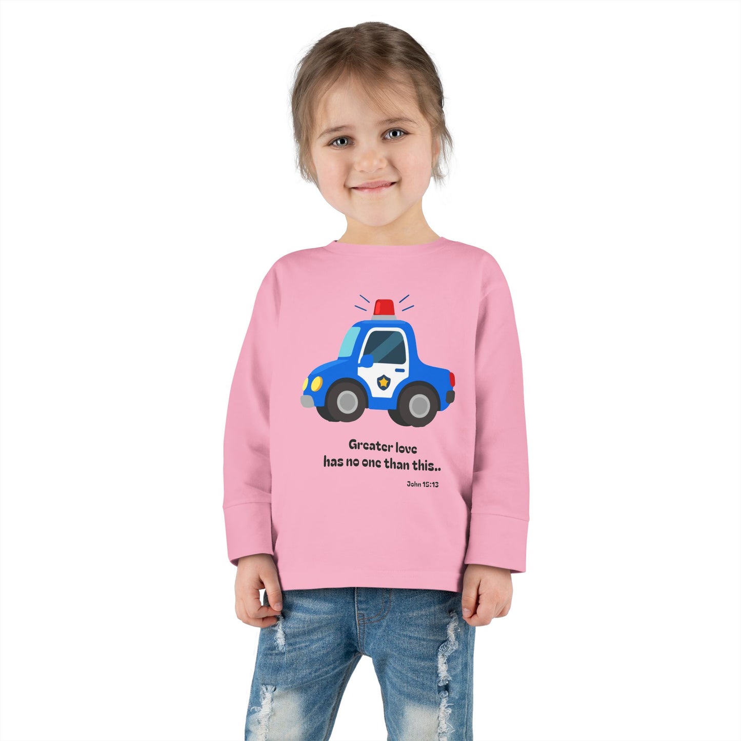 Christian Toddler Long Sleeve Tee — Police Car Kids Shirt (John 15:13)
