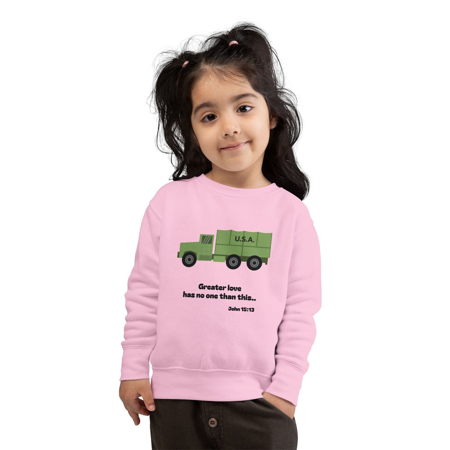 Christian Toddler Sweatshirt • Military Truck  Kids Pullover (John 15:13)