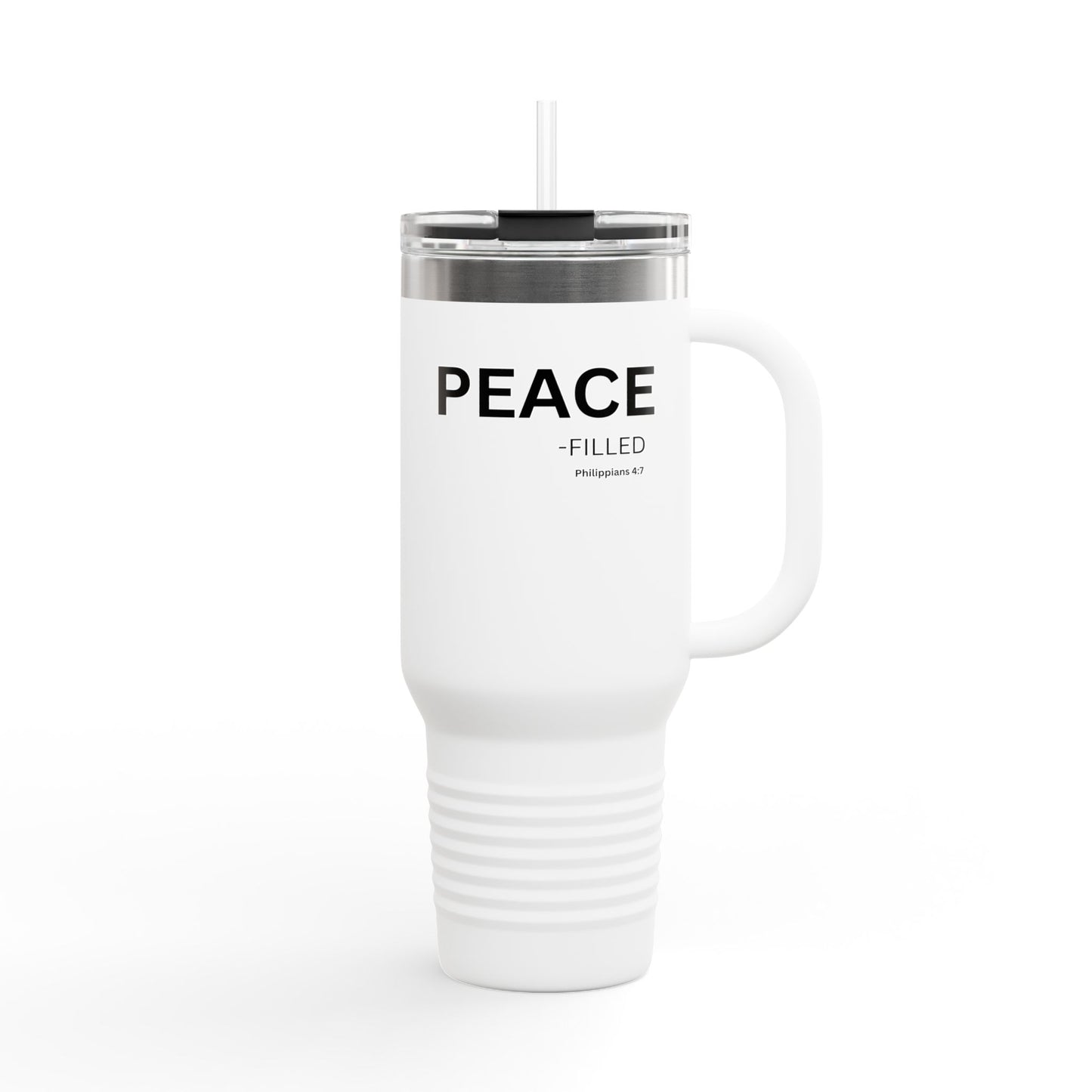 PEACE-filled Insulated 40oz Travel Mug, white text — Christian Faith Declaration - Philippians 4:7