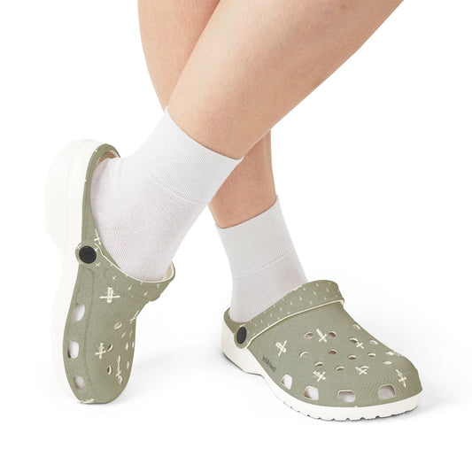 Adult EVA Foam Clogs with charms — Sage Cross Pattern Christian Slip-Ons