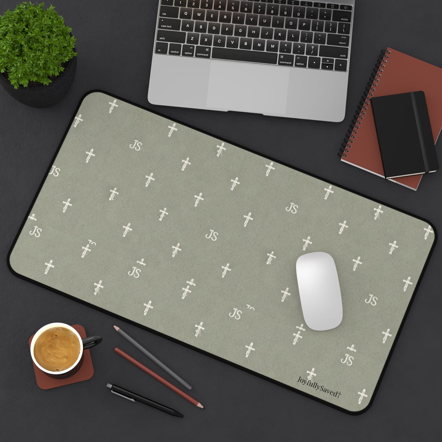 Christian Cross Pattern Desk Mat — "JoyfullySaved" Desk, Mouse Pad