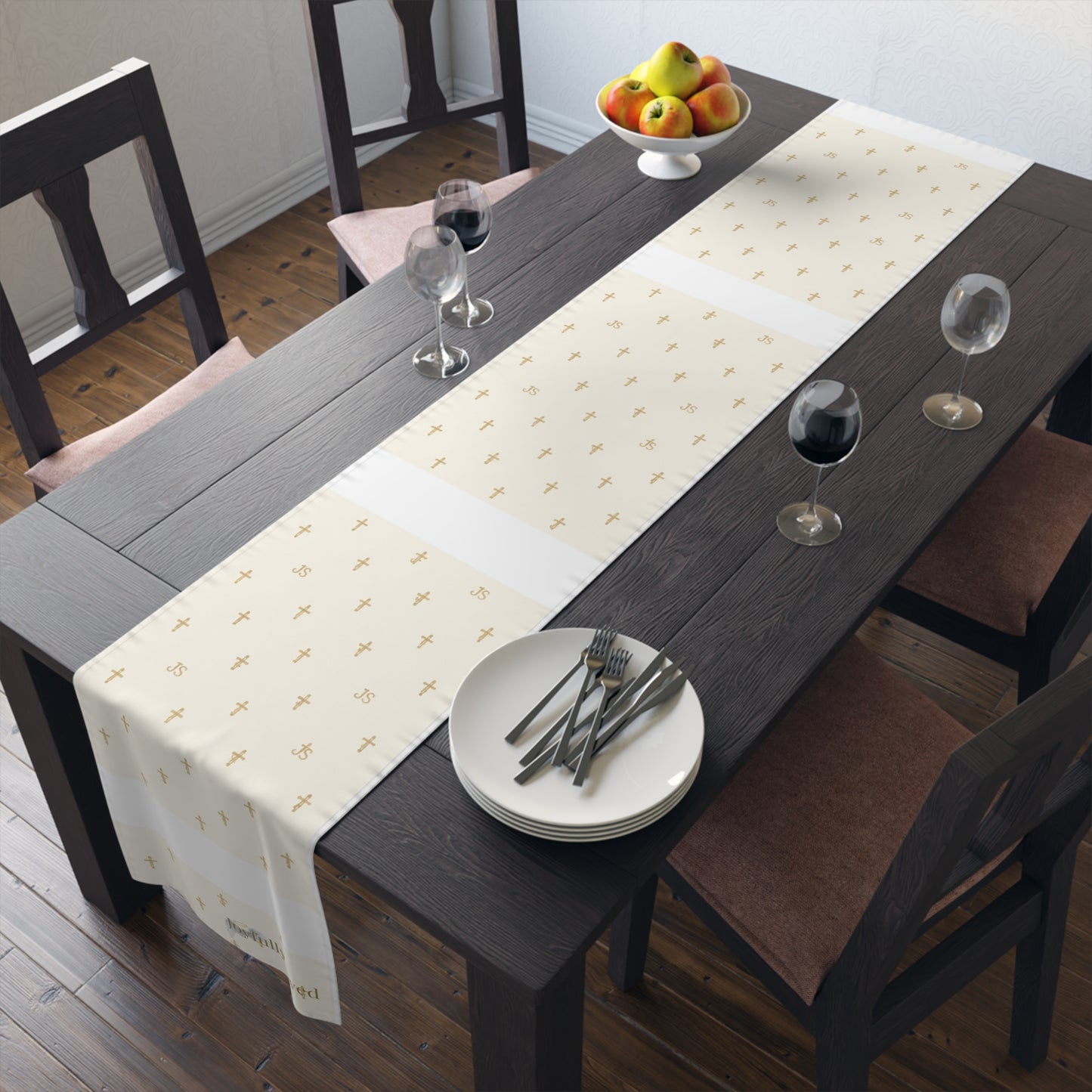 Signature Cross Table Runner, Cream — JoyfullySaved Faith-Inspired Cotton/Poly Decor