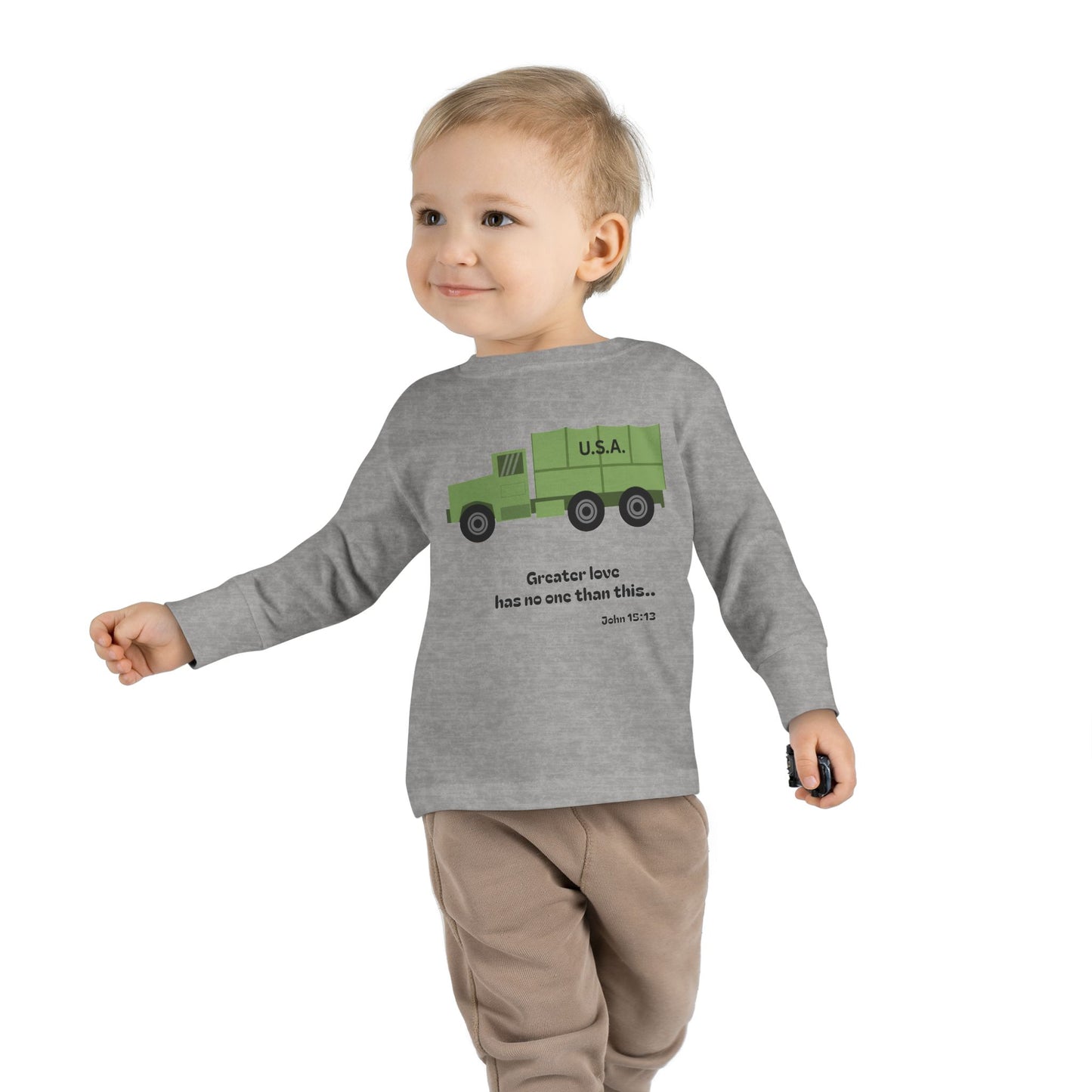 Christian Toddler Long Sleeve Tee — Military Truck Kids Shirt (John 15:13)