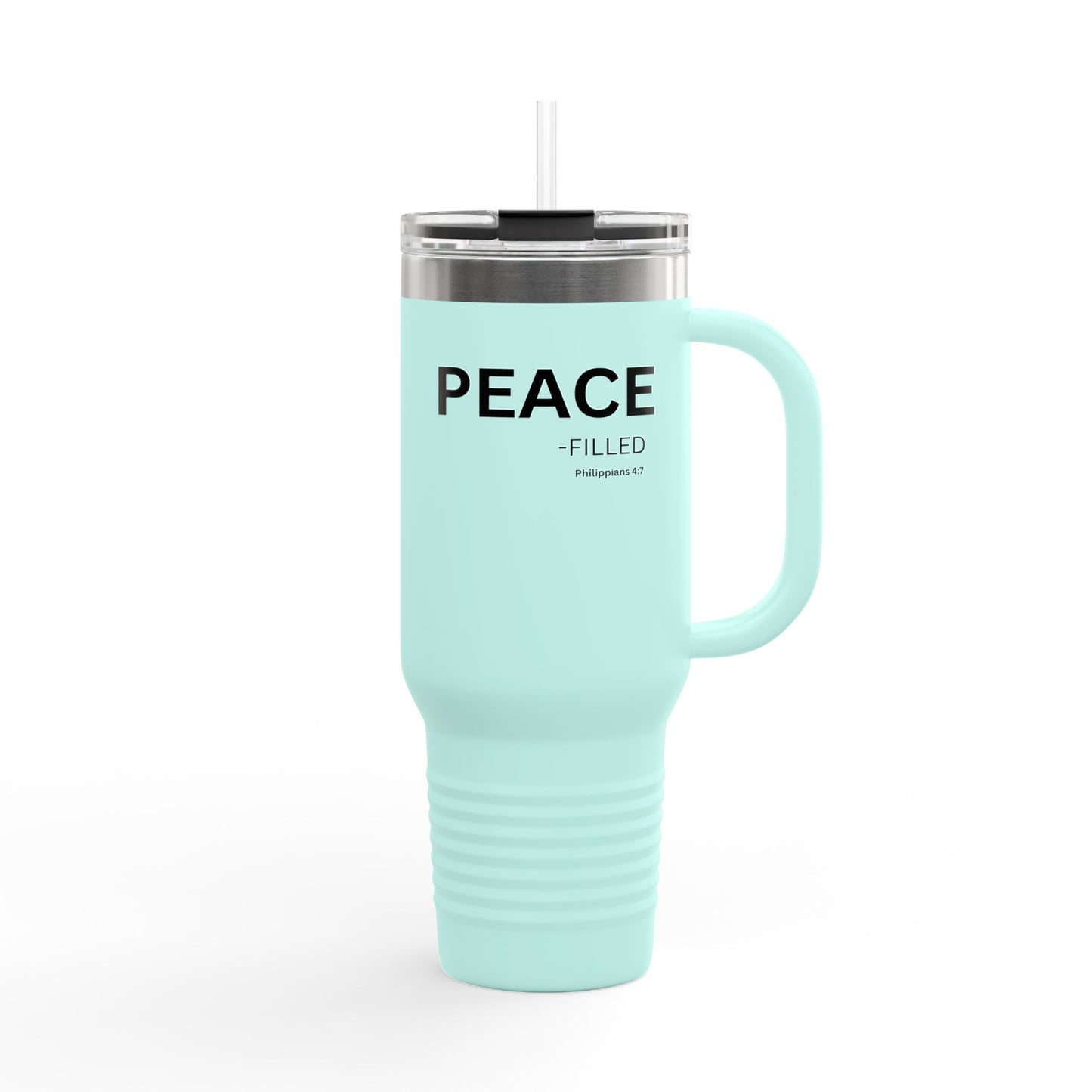 PEACE-filled Insulated 40oz Travel Mug, white text — Christian Faith Declaration - Philippians 4:7