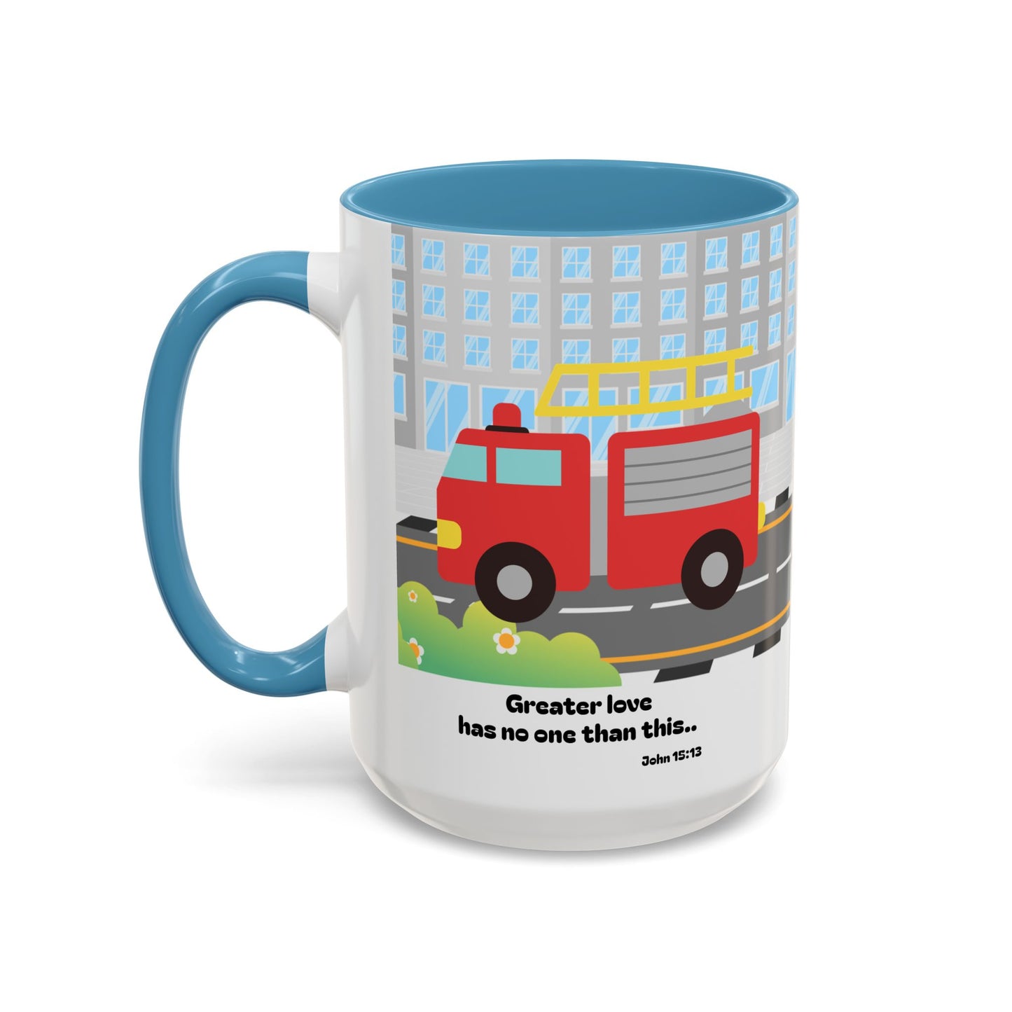 Fire Truck Coffee Mug — "Greater love has no one than this" Scripture Mug (11/15 oz)