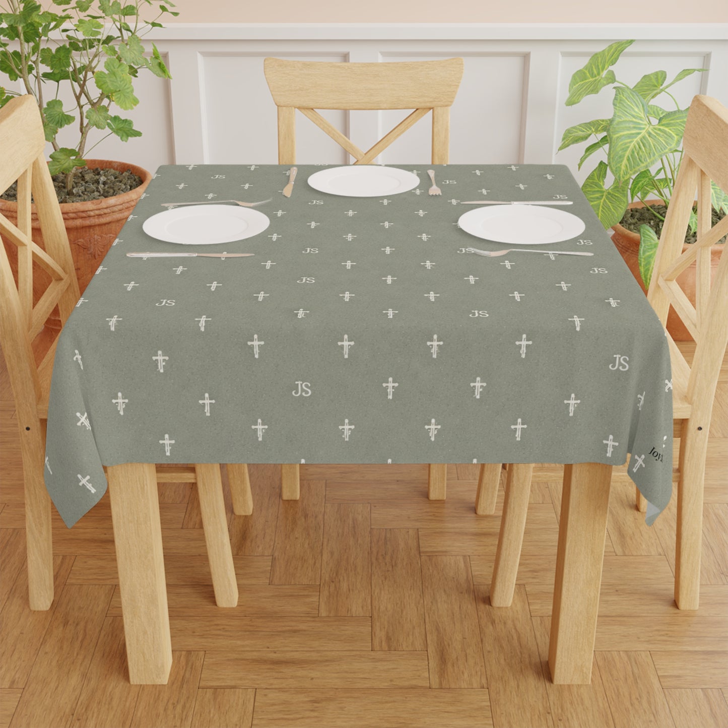 Sage Cross Pattern Tablecloth — Christian Design for Everyday & Holiday Dining