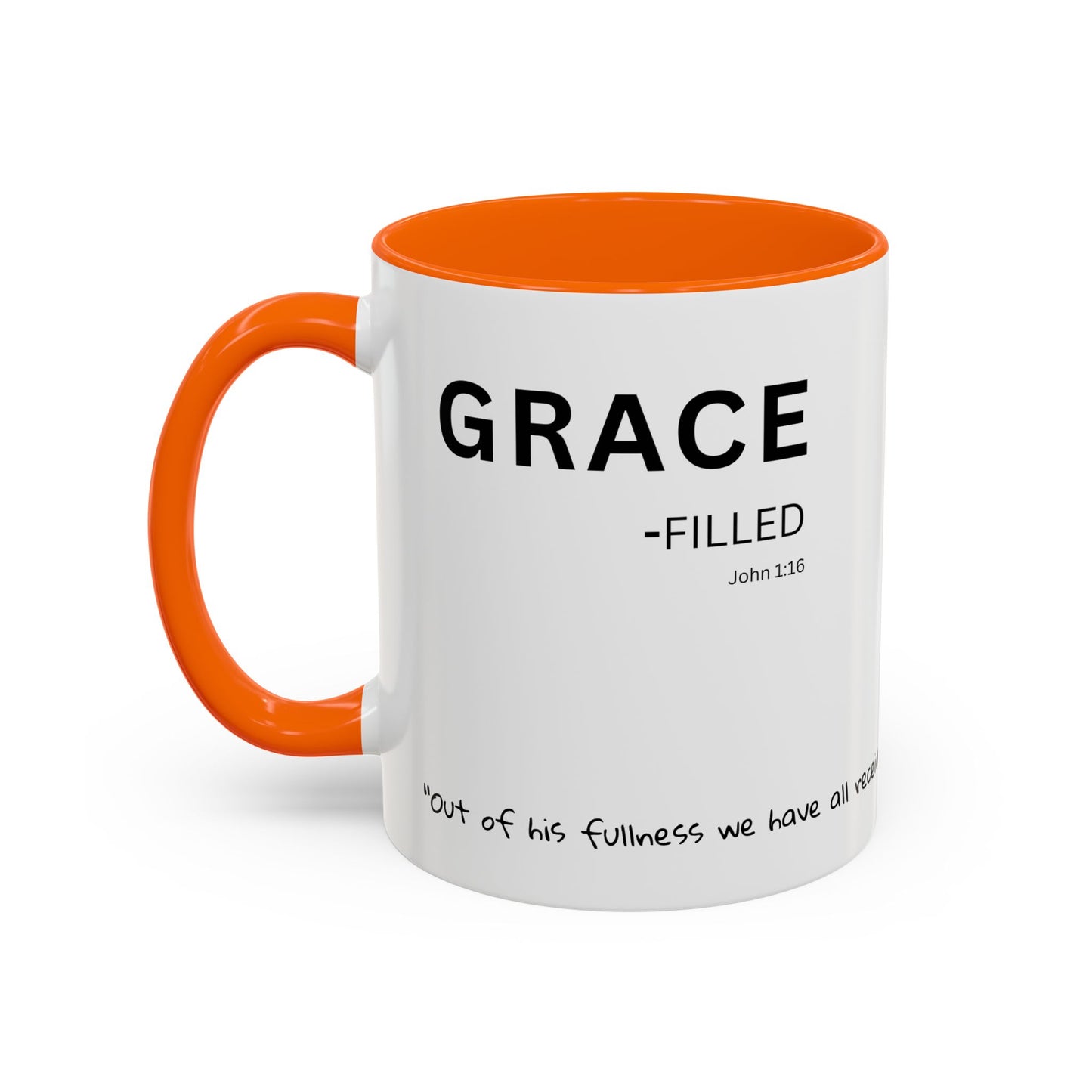 Grace-filled Scripture Coffee Mug JOHN 1:16— 11 oz or 15 oz with Scripture Around Base (Accent, Colorful)