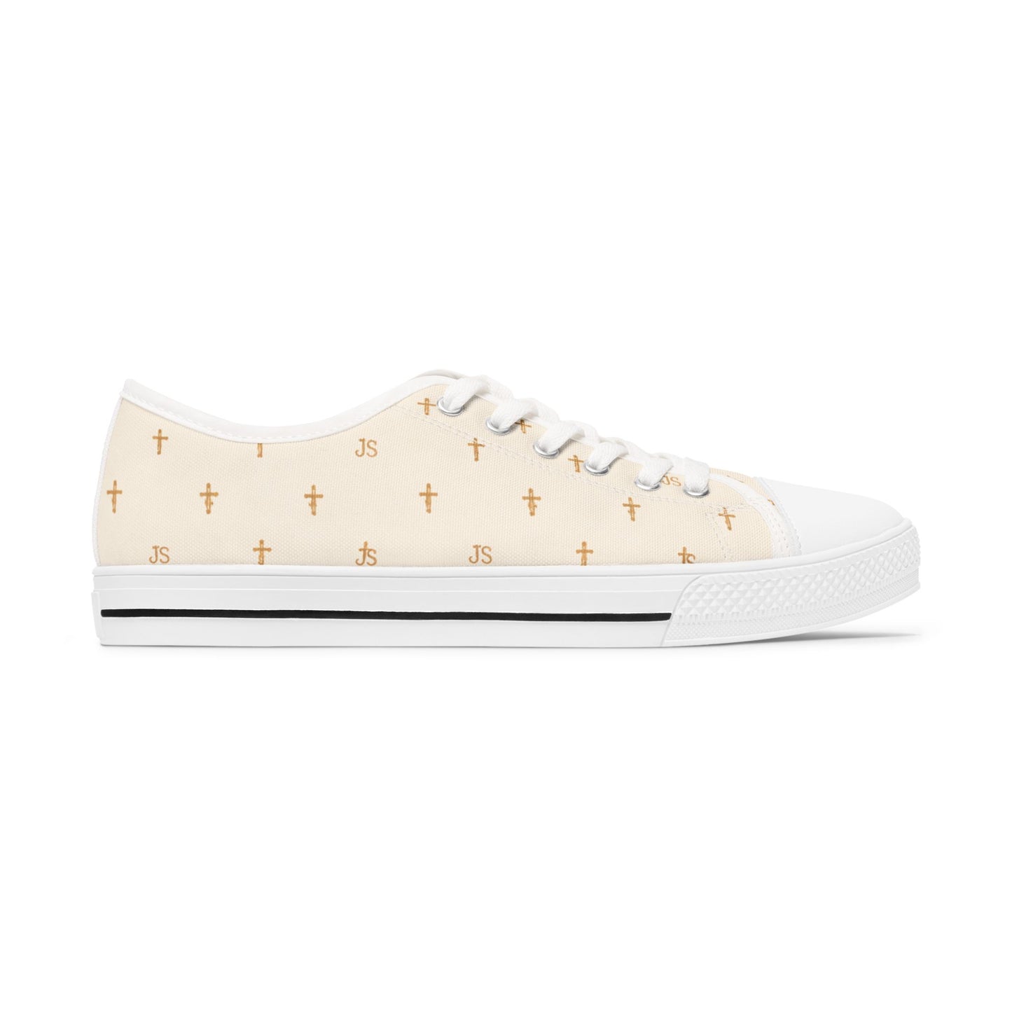 Joyfully Saved Cross Pattern Women's Low Top Sneakers — CREME, 'Wear Your Faith'