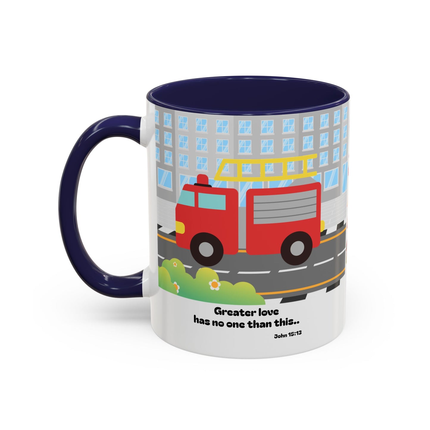 Fire Truck Coffee Mug — "Greater love has no one than this" Scripture Mug (11/15 oz)