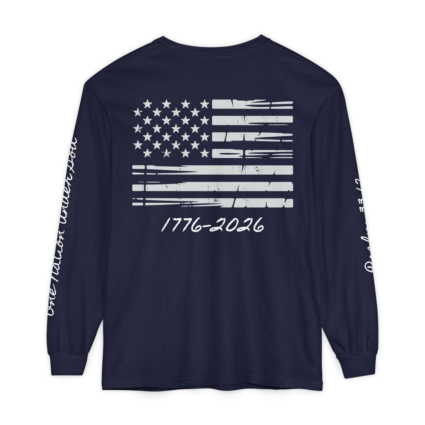 Christian Patriotic Long Sleeve Tee — "One Nation Under God" & Psalm 33:12 — USA 250 Anniversary