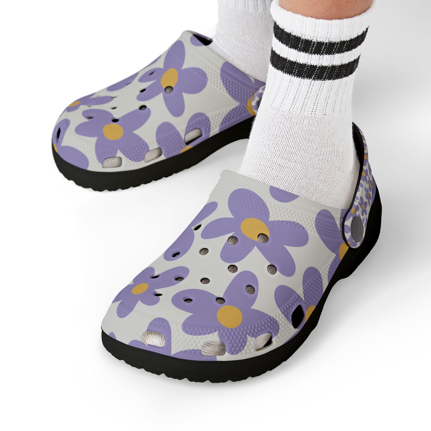 Kids EVA Foam Clogs  with Charms— Purple Daisies Pattern Christian Slip-Ons