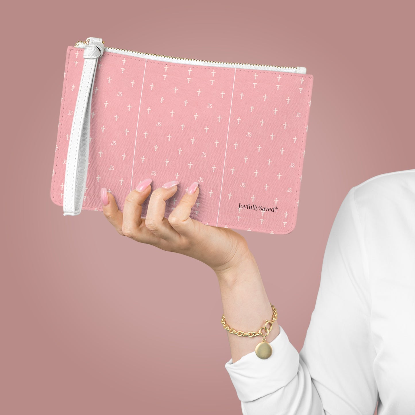 Christian Pattern Wristlet Clutch — Pink, with wrist strap