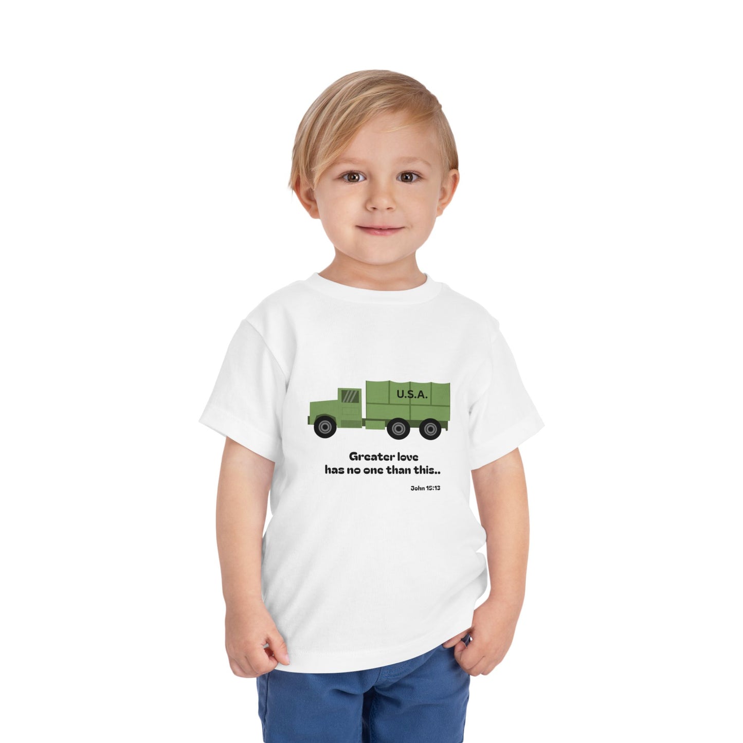 Christian Toddler Tee — Military Truck Graphic (John 15:13)