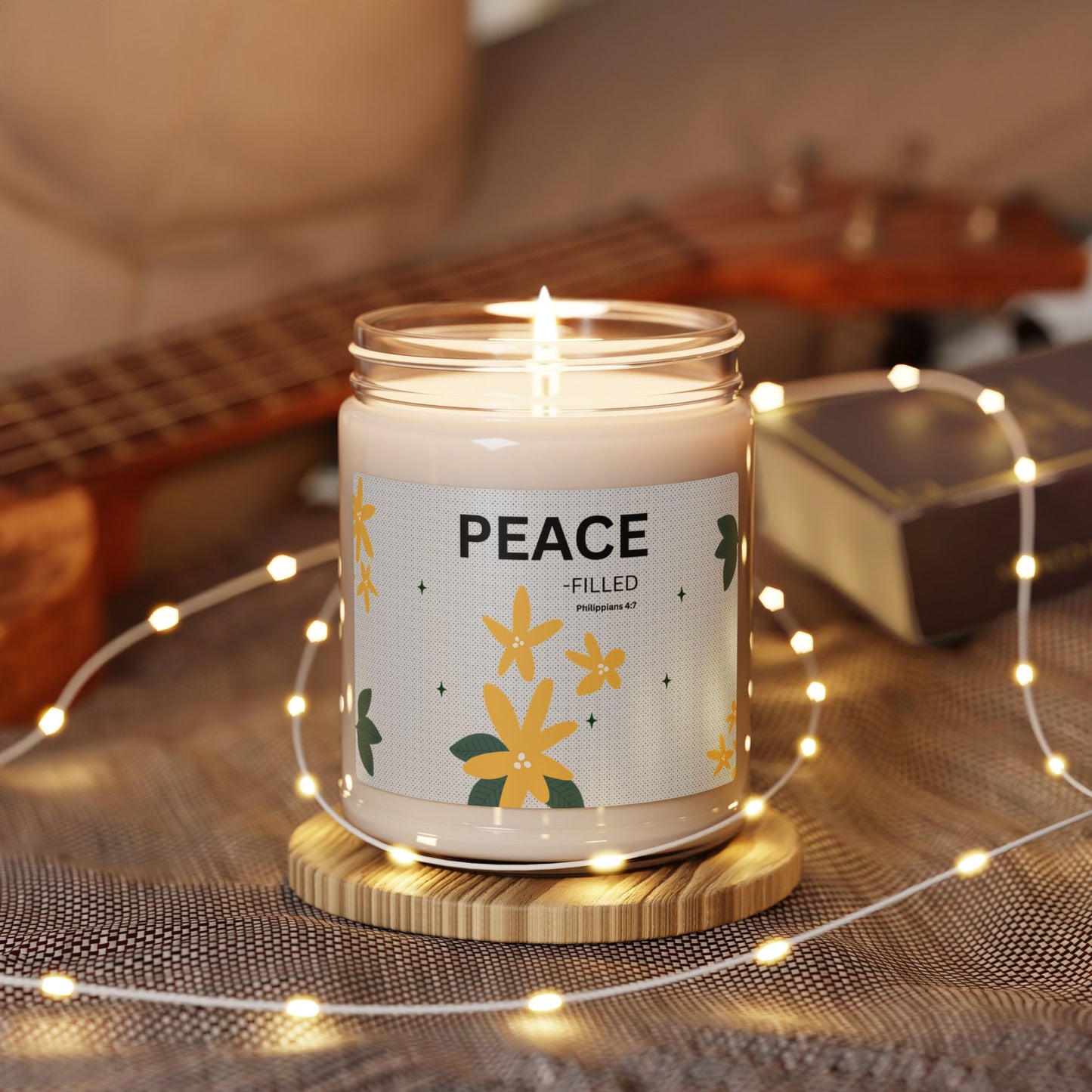 Peace-filled Soy Candle — 9oz Scented Jar with Floral Design (Philippians 4:7)