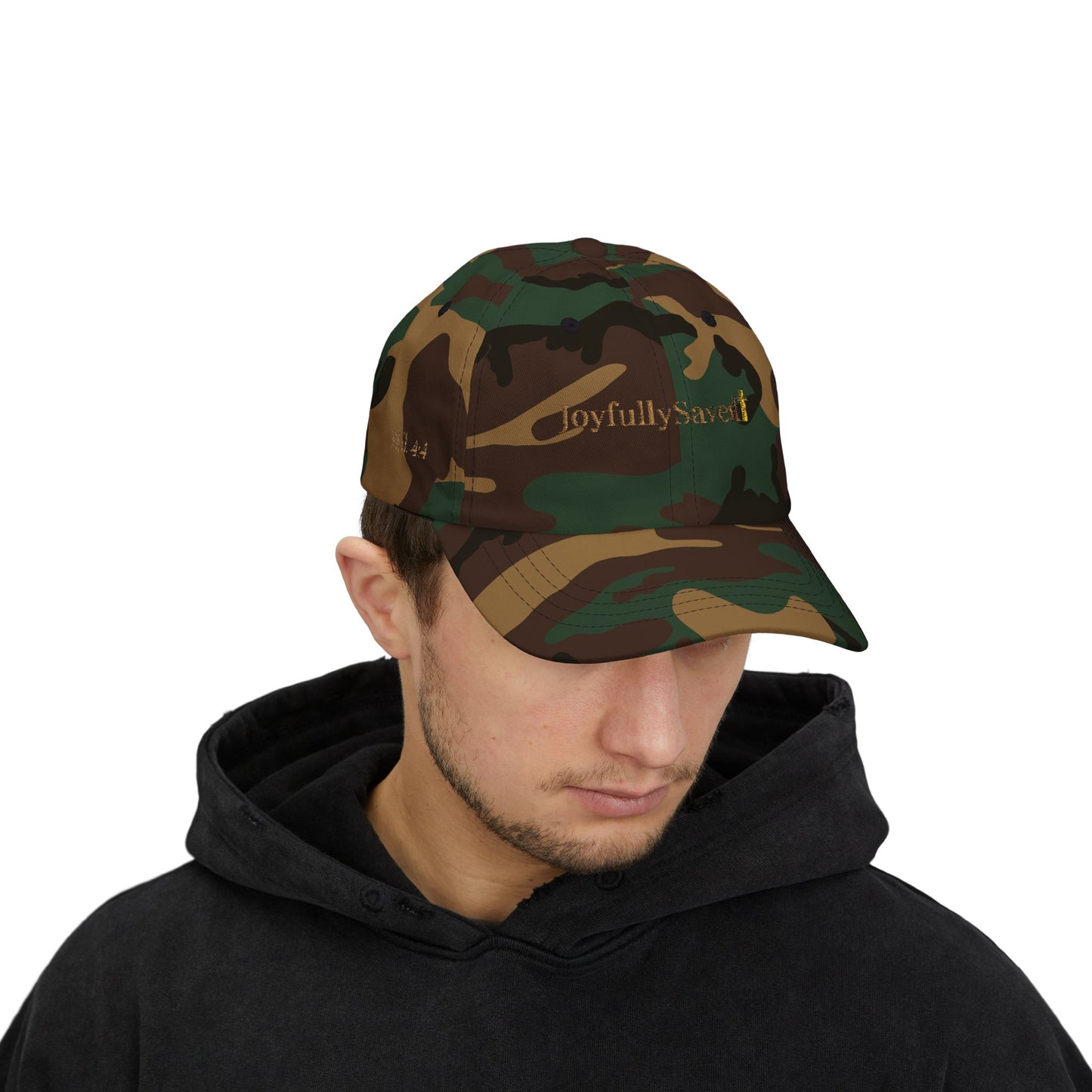 Classic "Dad" Cap, Cross logo with verses — Embroidered Christian Baseball Hat, Gold text