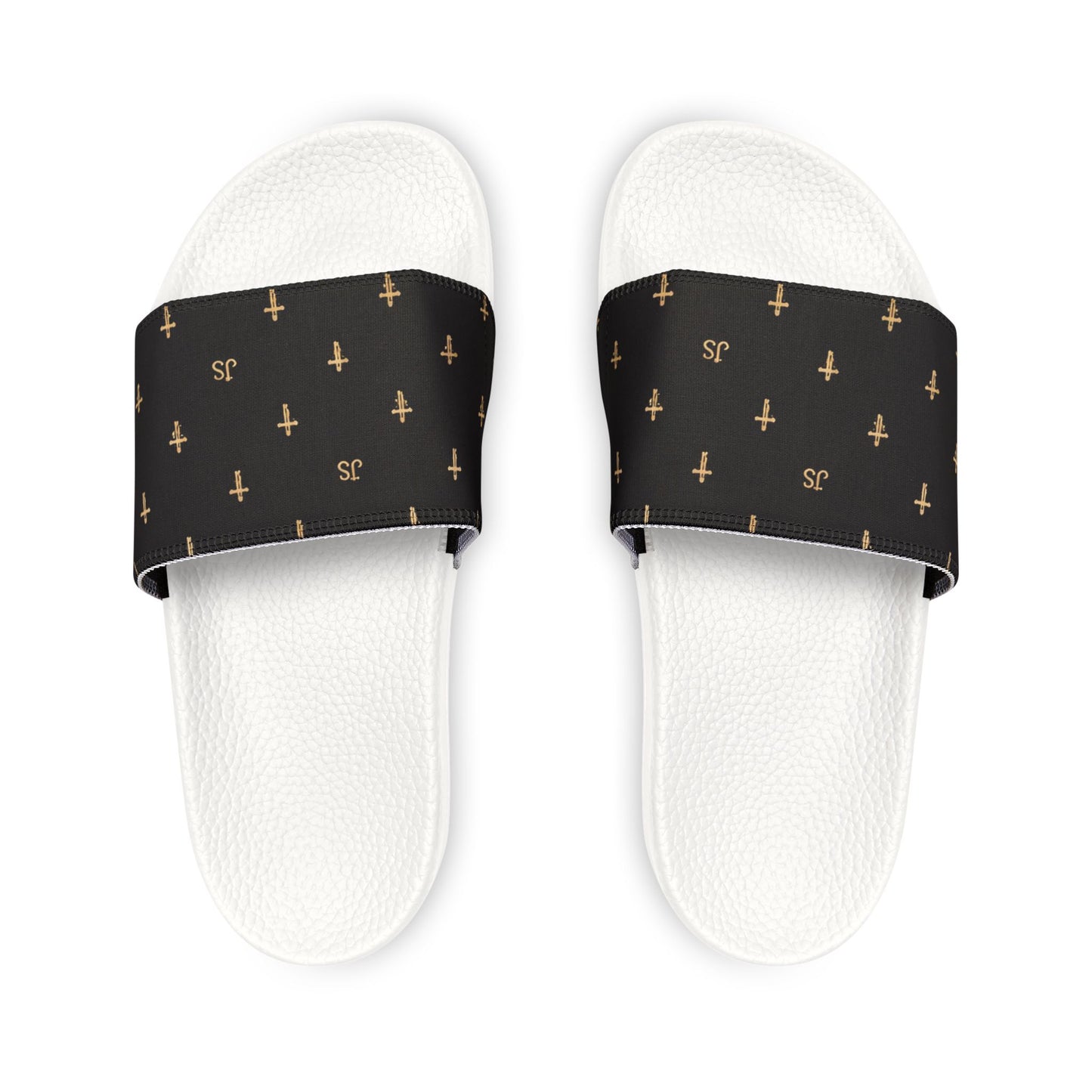 Christian Cross Slides — Youth Removable-Strap Sandals with Black Cross Pattern