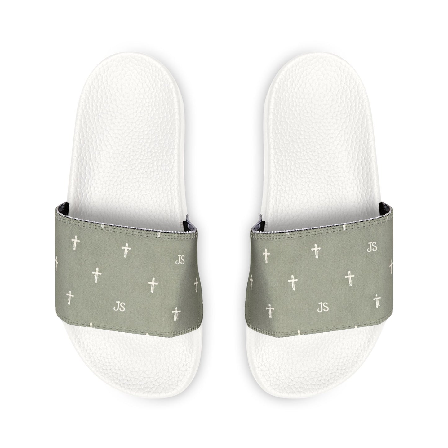 Christian Cross Slides — Youth Removable-Strap Sandals with Sage Cross Pattern