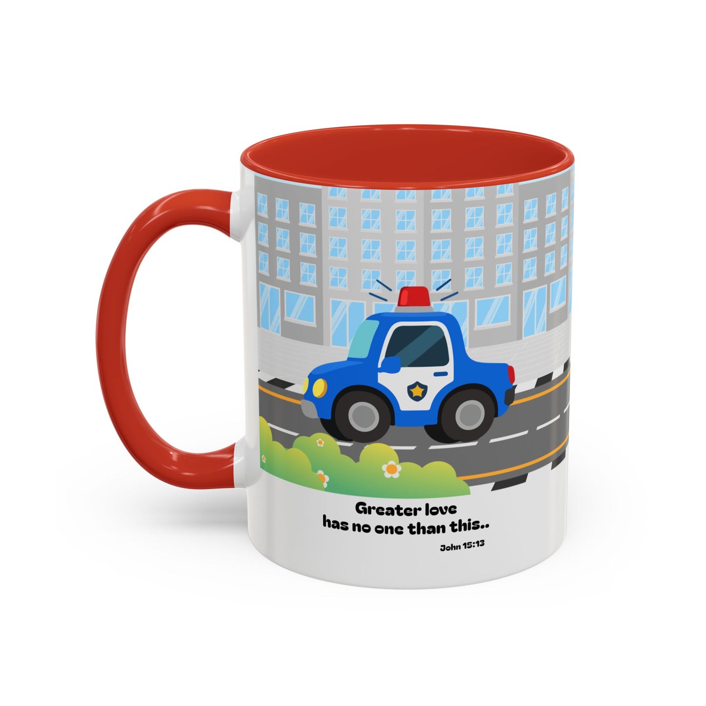 Police Car Coffee Mug — "Greater love has no one than this" Scripture Mug (11/15 oz)