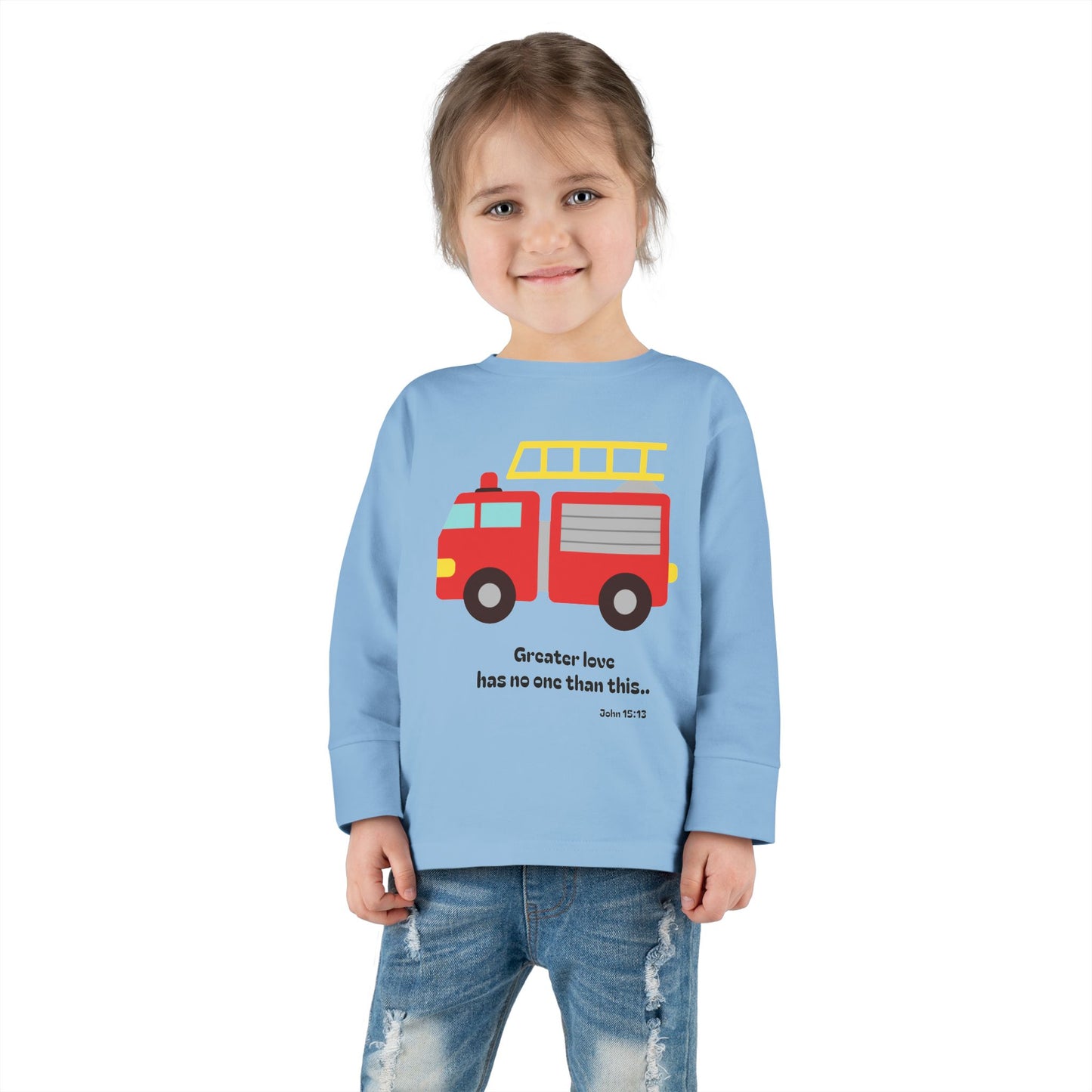 Christian Toddler Long Sleeve Tee — Fire Truck Kids Shirt (John 15:13)