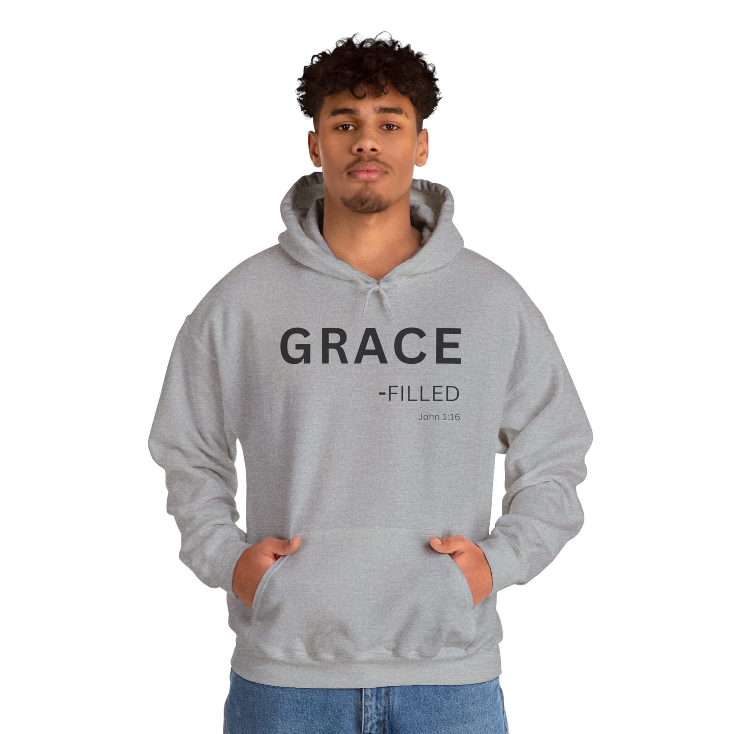 GRACE-filled Hoodie Black Text — Minimal Christian Faith Pullover, John 1:16