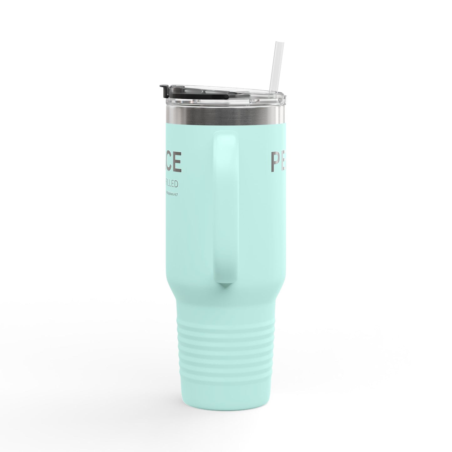 PEACE-filled Insulated 40oz Travel Mug, white text — Christian Faith Declaration - Philippians 4:7
