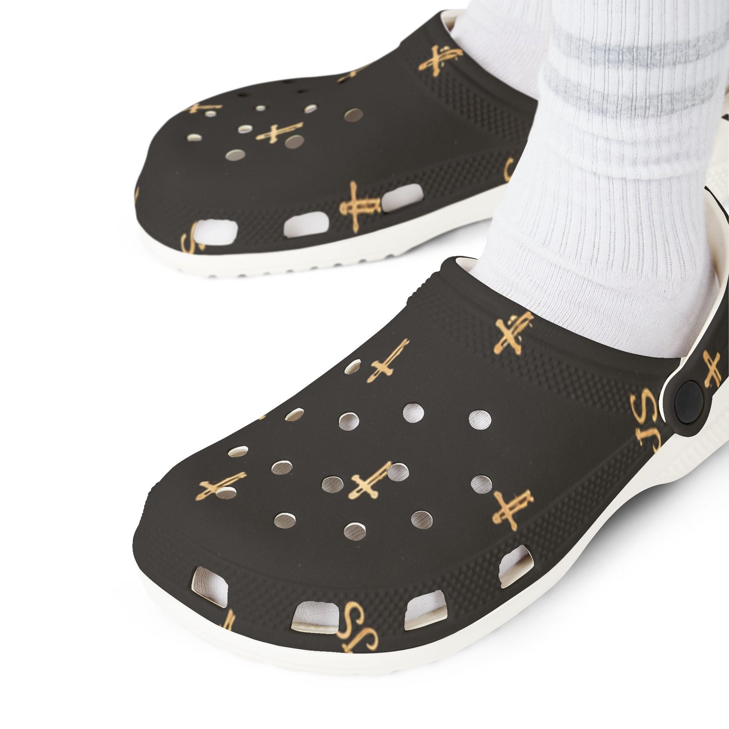 Adult EVA Foam Clogs with charms — Black Cross Pattern Christian Slip-Ons