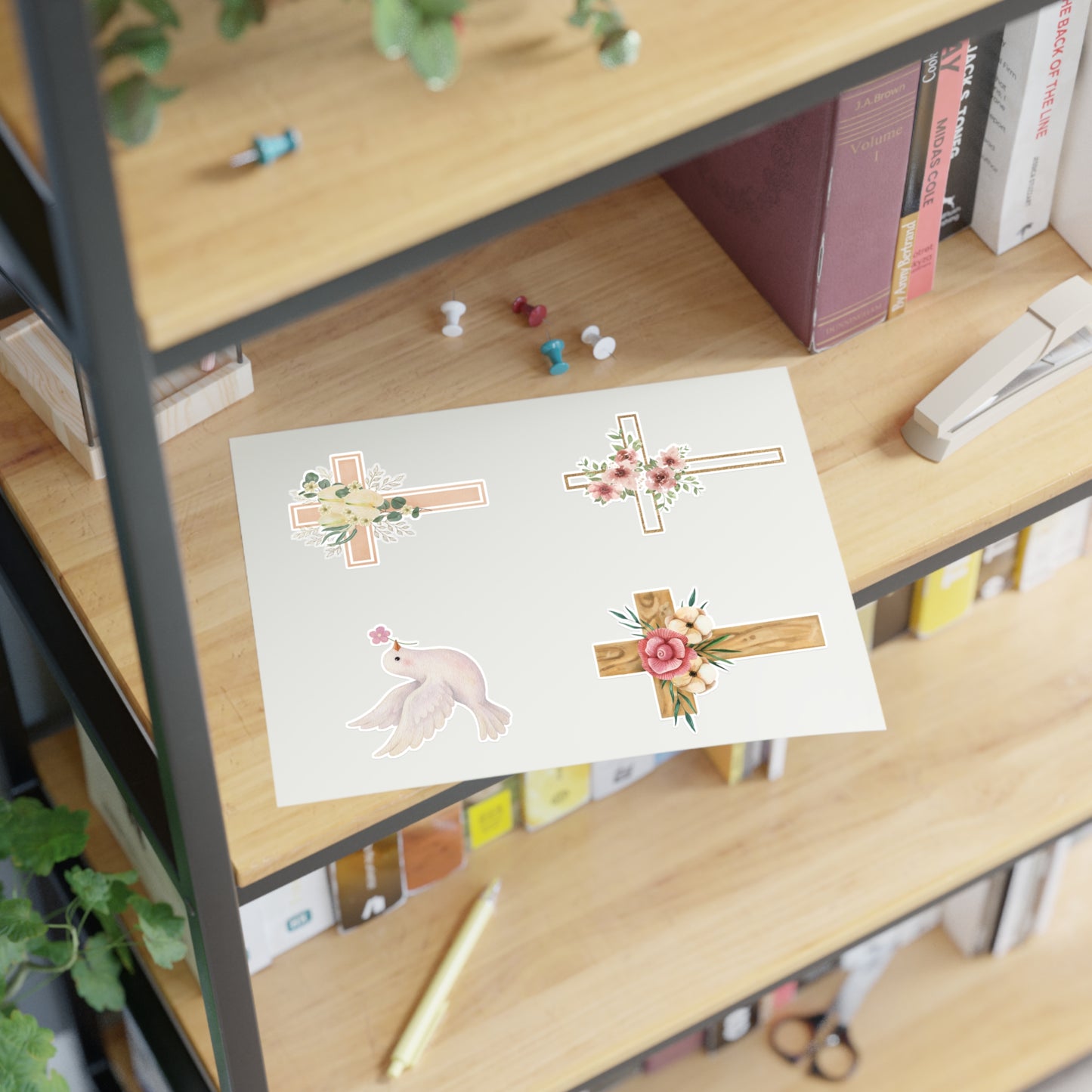 Christian Cross & Dove Floral Sticker Sheet — 4 Religious Faith Stickers
