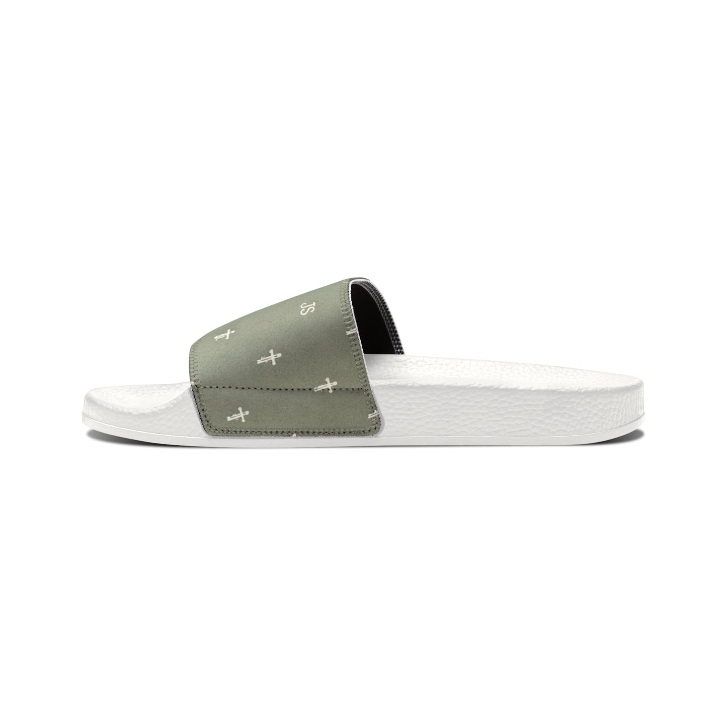 Christian Cross Slides — Youth Removable-Strap Sandals with Sage Cross Pattern