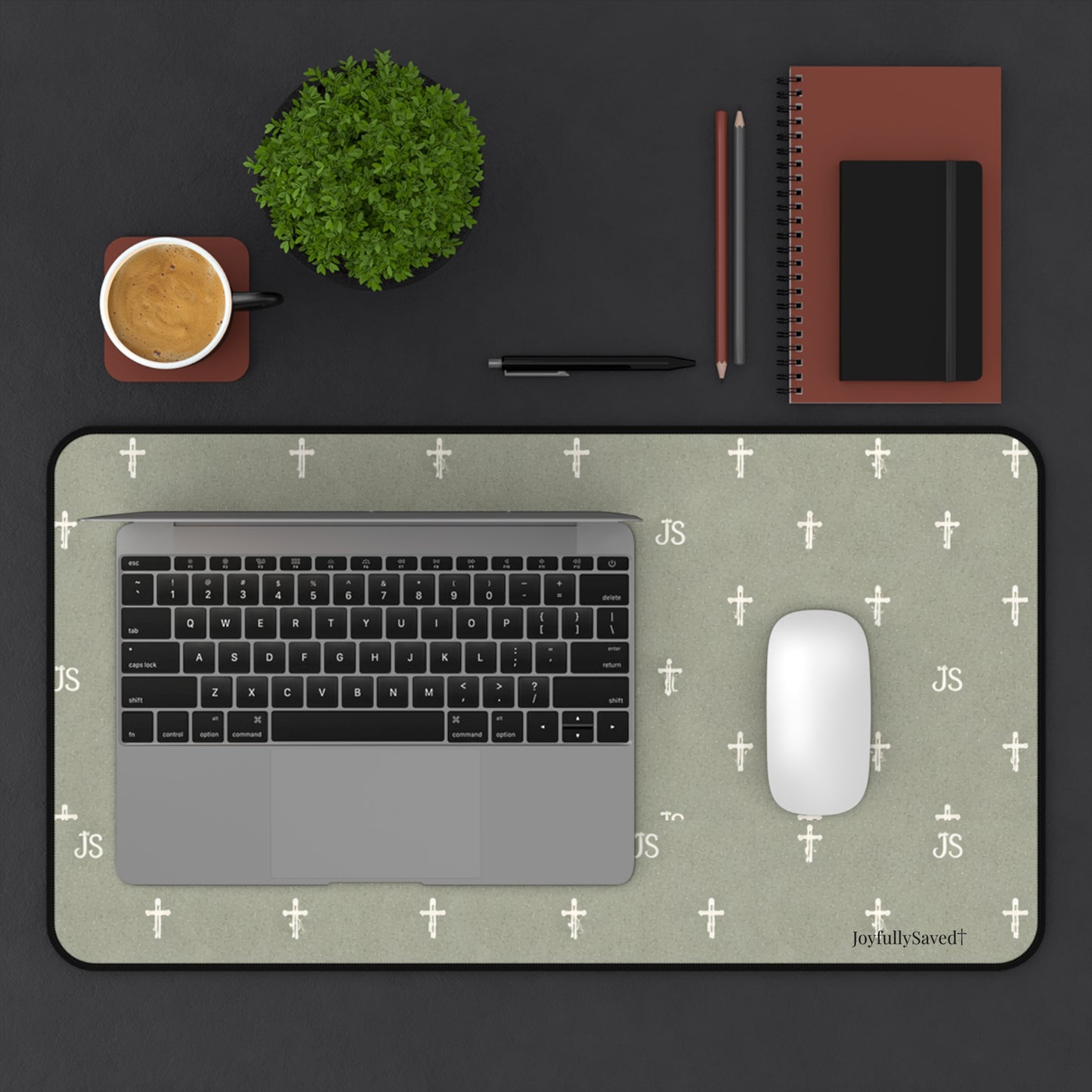 Christian Cross Pattern Desk Mat — "JoyfullySaved" Desk, Mouse Pad