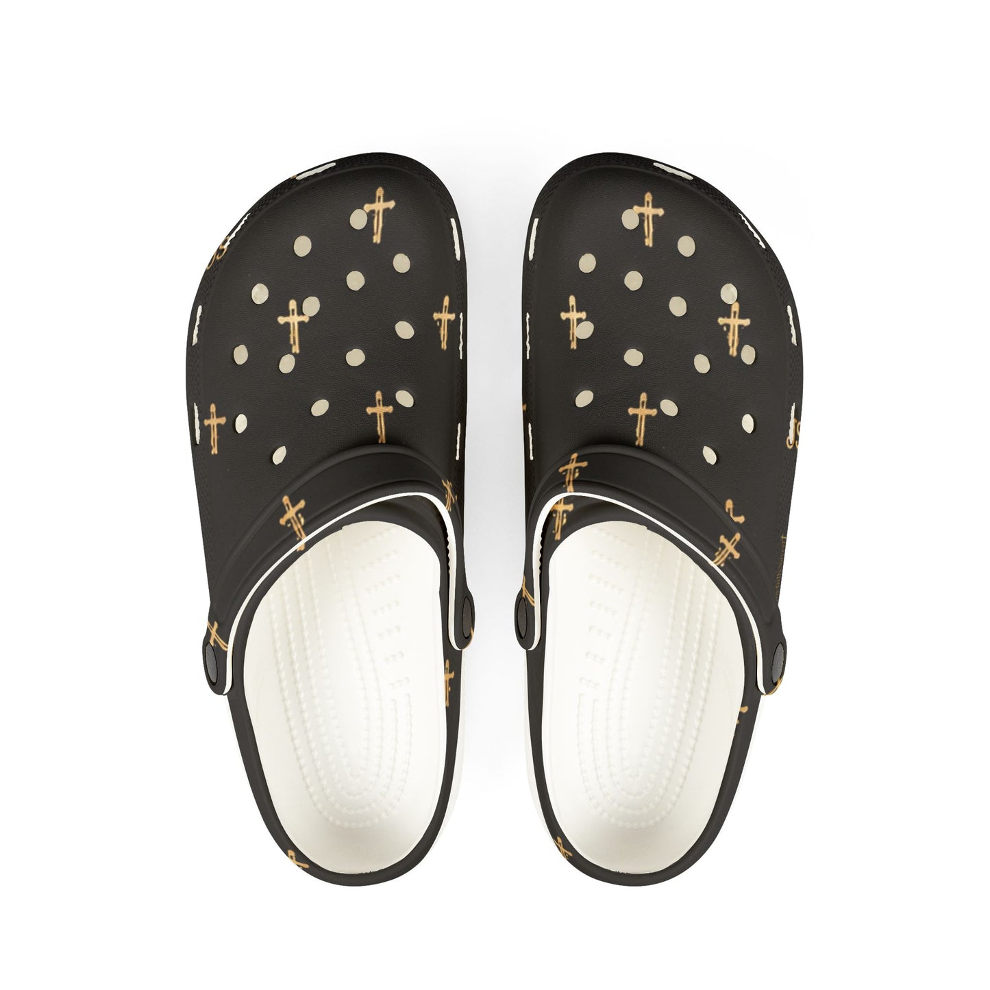 Adult EVA Foam Clogs with charms — Black Cross Pattern Christian Slip-Ons