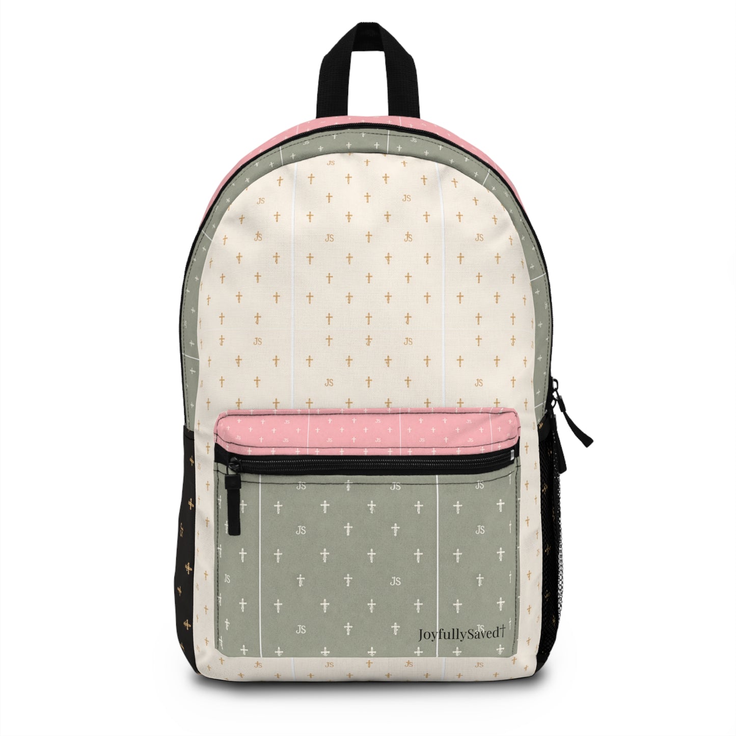 Joyfully Saved Cross Backpack, black logo—  multi colored Christian School Bag
