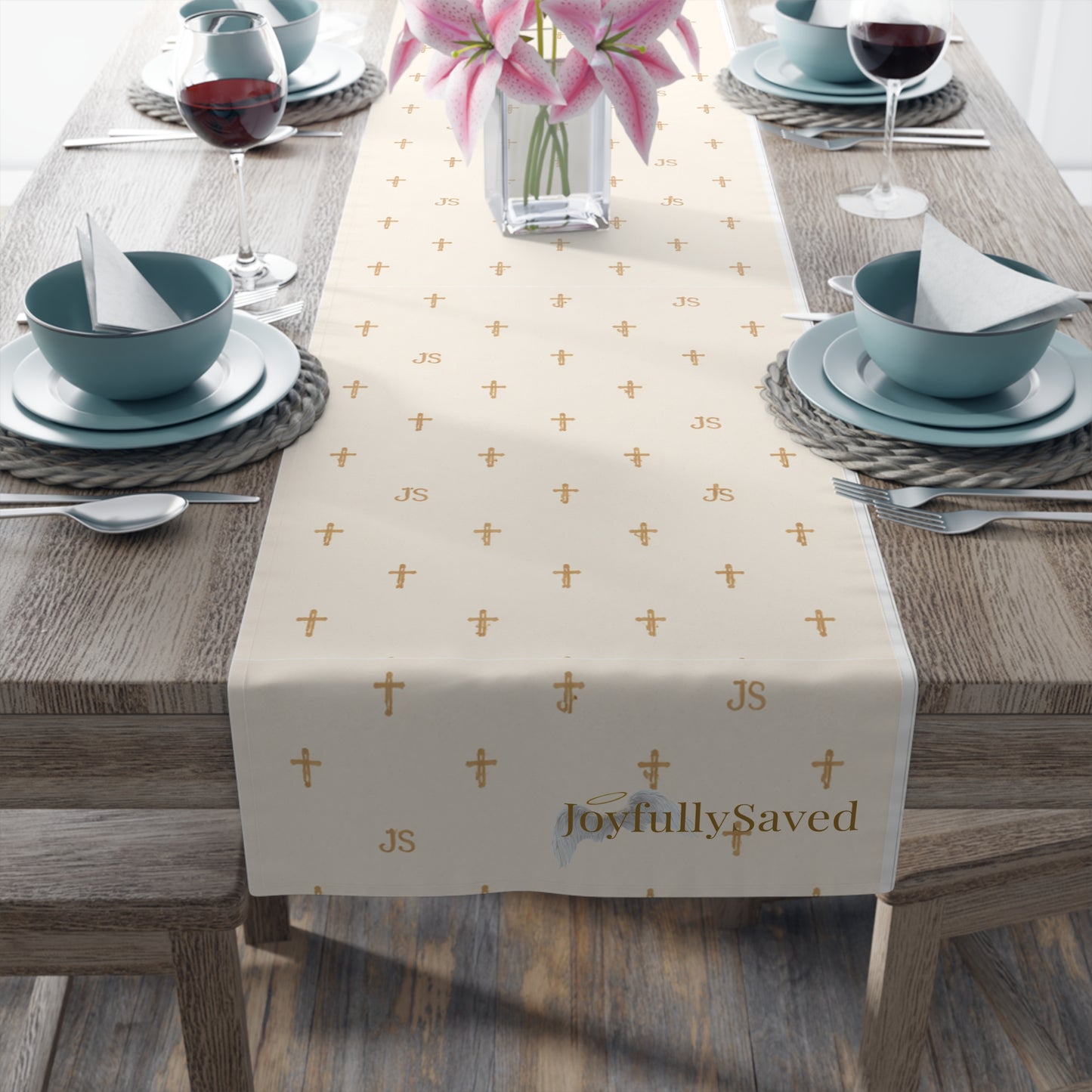 Signature Cross Table Runner, Cream — JoyfullySaved Faith-Inspired Cotton/Poly Decor
