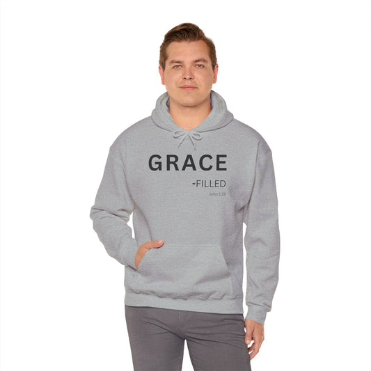 GRACE-filled Hoodie Black Text — Minimal Christian Faith Pullover, John 1:16